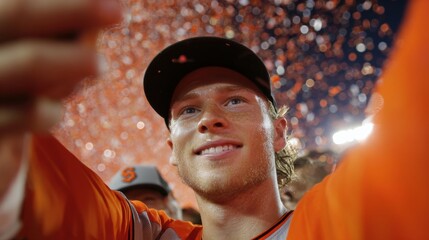 Young man wearing a black baseball cap and an orange jersey with the letter "s" on it. he is smiling and looking up at the sky with a big smile on his face.