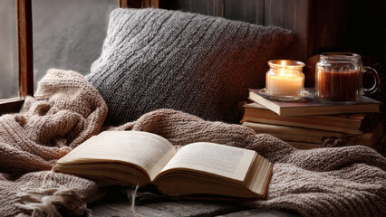 Cozy reading corner with blanket candle and a book