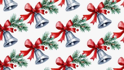 Seamless Christmas pattern with silver bells, red bows, and fir branches