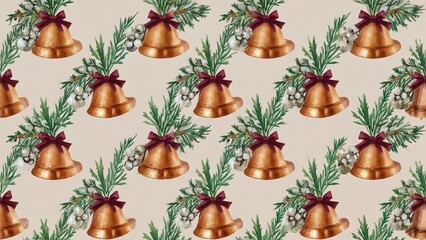 Seamless Christmas pattern with gold bells, pine branches, and white berries