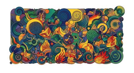 Vibrant abstract pattern with swirling shapes and cosmic elements, evoking a sense of wonder and creativity.