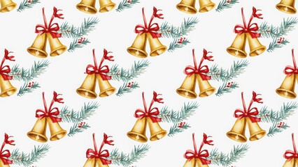 Seamless Christmas pattern with gold bells, red ribbons, and pine sprigs