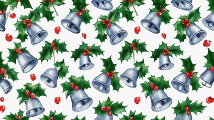 Seamless Christmas pattern with silver bells and holly leaves