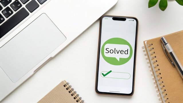 Smartphone screen displaying a solved message and checkmark icon
