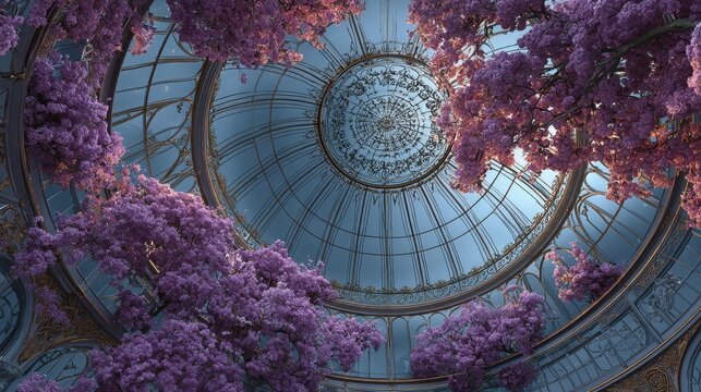 Intricate ceiling dome features floral design and light blue sky, ornate architectural details and warm lighting enhance the aesthetic