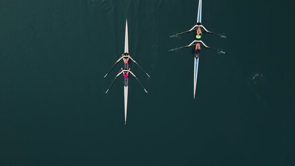 Top View Sunrise Over Halifax Harbor Rowers Training Cinematic Aerial Scene. Male And Female Athletes Row Peacefully Across Golden Ocean Preparing For Upcoming Competitions. - Powered by Adobe