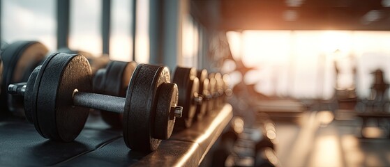Fototapeta premium Close-up of dumbbells in a gym, focused on weights with a blurry backdrop of the workout space