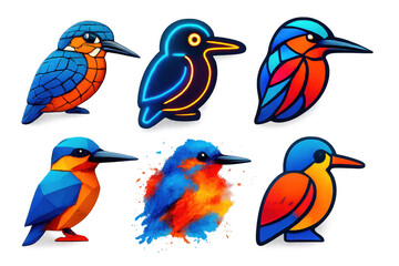 Obraz premium Artistic Kingfisher Icons. 3D icon set of artistic kingfisher representations: mosaic bird, neon-style silhouette, stained-glass
