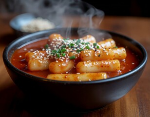 Spicy Korean tteokbokki in rich red gochujang sauce with sesame seeds and scallions, steaming hot bowl