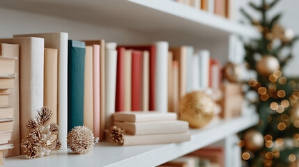 A section of a bookshelf with neatly arranged books and pinecone, ornamental details; Christmas tree bokeh in the background.