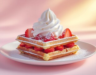 Crispy croffle topped with fresh strawberries, whipped cream, and powdered sugar on pastel background