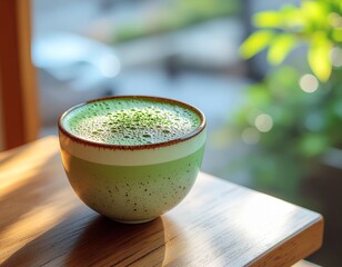Layered matcha latte with airy foam and textured surface in ceramic cup with warm natural light