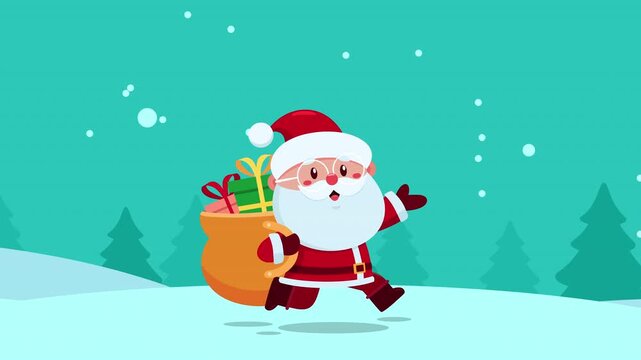 Funny Santa Claus Cartoon Character Running With Gift Bag In Snowy Winter Forest &ndash; 4K Animation Video Motion Graphics With Background And Merry Christmas Text