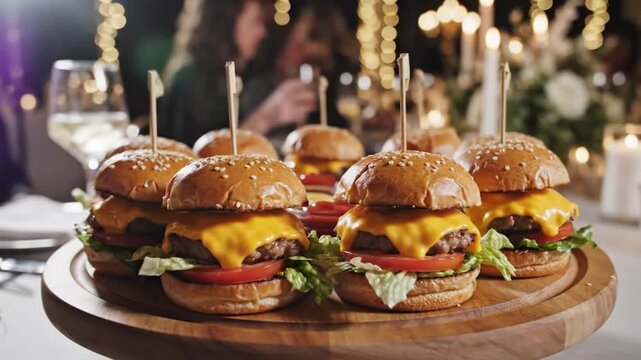Gourmet Mini Burgers on Wooden Platter at Upscale Event