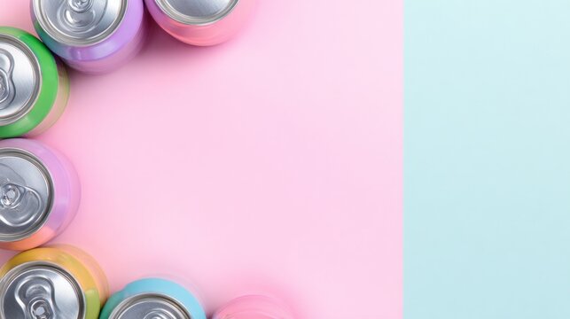 A delightful arrangement of beverage cans in soft pastel colors rests on a smooth background. Their vibrant hues and shiny surfaces add charm to a cozy afternoon gathering or party vibe