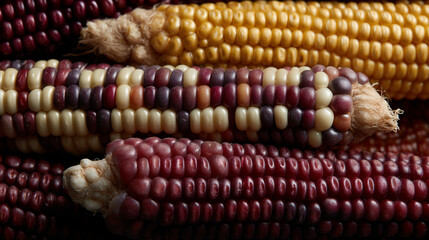 Corn cobs of different colors.