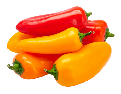 Set of Red and Orange Mini Sweet Peppers, isolated on transparent background.