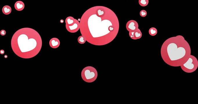Particle heart icon transition. Social media like fountain. Wipe from bottom, top and sides, plus a center explosion. Love reaction stream. Intro, outro, switch over, and reveals. 4K MOV with alpha