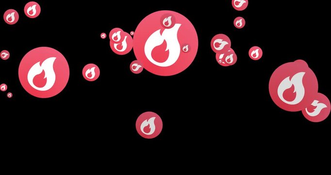 Particle fire transition. Social media burn icon fountain reaction. Wipe from bottom, top and sides, plus a center explosion. Like stream. Intro, outro, switch over, and reveals. 4K MOV with alpha