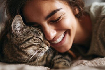 A woman smiles broadly while cuddling her cat at home. The warmth of the moment is evident as they share a close, comforting embrace. Soft lighting adds to the cozy atmosphere