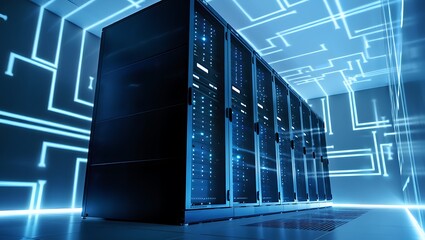 Modern Server Room Data Center With Digital Circuit Board Graphics
