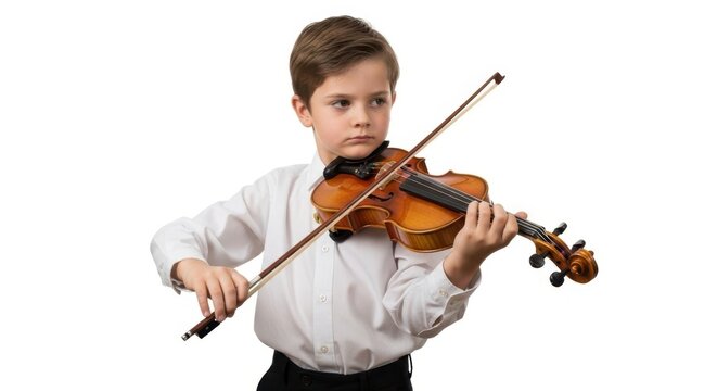Young boy playing violin to learn music instrument. Child musician practicing classic orchestral instrument on white background for musical education.