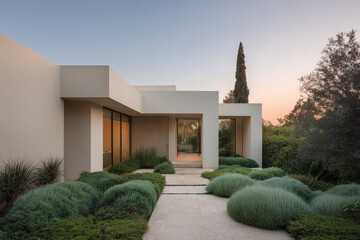 stunning exterior of luxury mansion trending in  characterized by modern minimalist garden that emphasizes lush