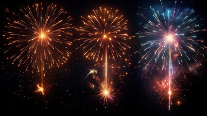 Vivid bursts of pyrotechnics explode across a dark sky, showcasing vibrant hues and intricate patterns