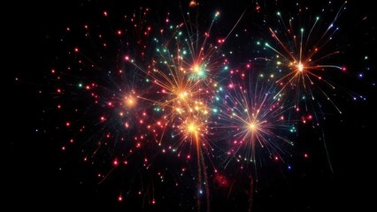 A vibrant display of colorful explosions against a dark, starless night