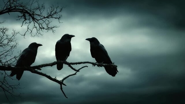 Three black birds perched on a barren branch against a stormy, overcast sky