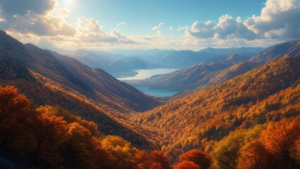 Panoramic view of autumnal mountain range, lake, and sky. Dramatic lighting and colorful foliage