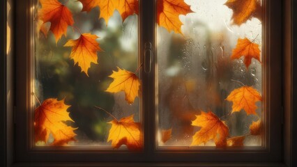 Window framing vibrant orange autumn leaves with a blurry, rain-kissed outdoor scene