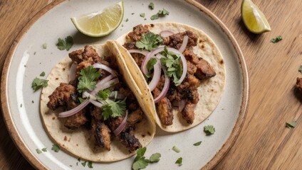 Close-up of two tacos with meat, cilantro, onion, and lime on a plate on a wood table
