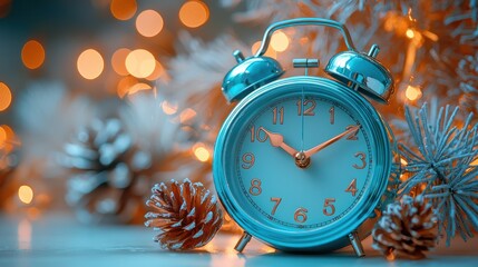 Festive teal alarm clock near snowy pine cones and lights