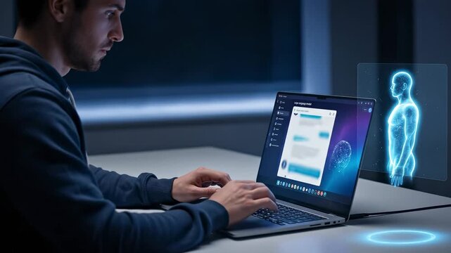 A young male working intently on a laptop at night, engaged in a conversation with an AI chatbot, illustrating the intersection of technology and communication in a modern workspace.