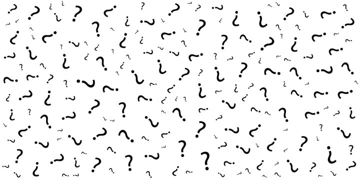 Question mark seamless pattern. Repeating interrogation patern. Hand drawn black simple icon on white sample background. Repeated modern wallpaper for design prints. Repeat swatch.