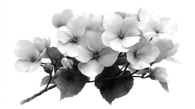  a hydrangea flower cluster with softly shaded petals and geometric balance. The monochrome design over a white background emphasizes texture and structure. Perfect for elegant floral branding
