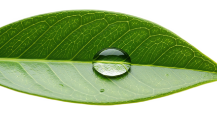 Macro view of a single green leaf with a clear water droplet resting on its surface isolated on a white background