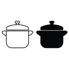 Cooking Pot and Lid Vector Icon Set: Line Art and Solid Glyph Symbol for Kitchenware, Food Preparation, Boiling, and Restaurant Menu Design