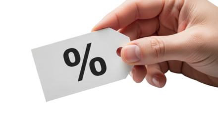 Hand holding a white tag with percentage symbol isolated on transparent background for discount concept