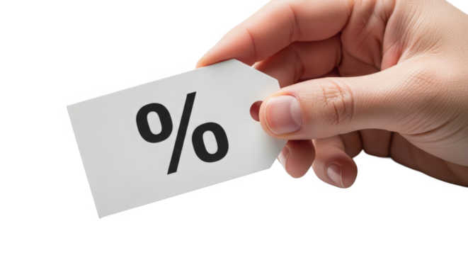 Hand holding a white tag with percentage symbol isolated on transparent background for discount concept