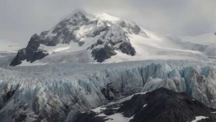 Snowy mountain peak and glacial ice field with cloudy sky