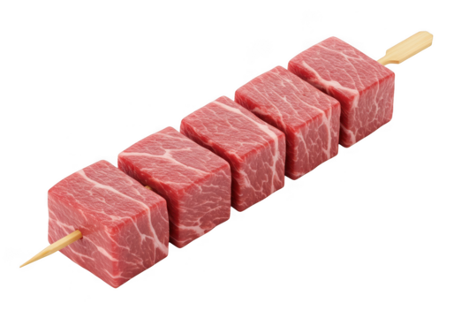 Raw beef cubes on wooden skewer isolated on transparent background