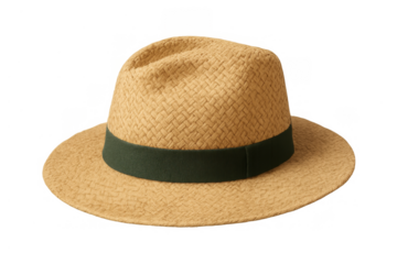 Woven straw fedora hat featuring a green band, ready for summer fashion and travel. Transparent background