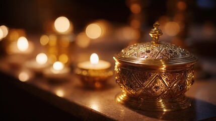 pyx. Golden pyx on church altar illuminated by warm candlelight, shallow depth of field. event programs, museum guides, designed for cultural heritage projects and event programs.