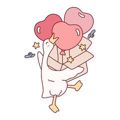 Cute cartoon goose or duck flying up with heart-shaped balloons and confetti, symbolizing happiness, celebration, and love.