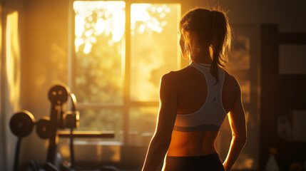 Sunlit Fitness Moment: Ponytail Woman's Back View in Gym with Natural Light Accentuating Muscle Definition, Workout Inspiration Scene