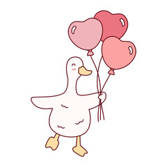 Cute cartoon goose or duck holding a bunch of pink heart-shaped balloons, symbolizing love, celebration, and happiness.