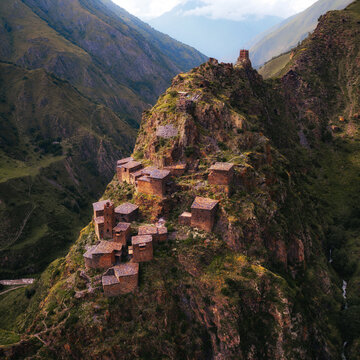 Ruined abandoned medieval village and fortress Muzo (Mutso). Khevsureti Region, Georgia, Caucasus. High quality photo