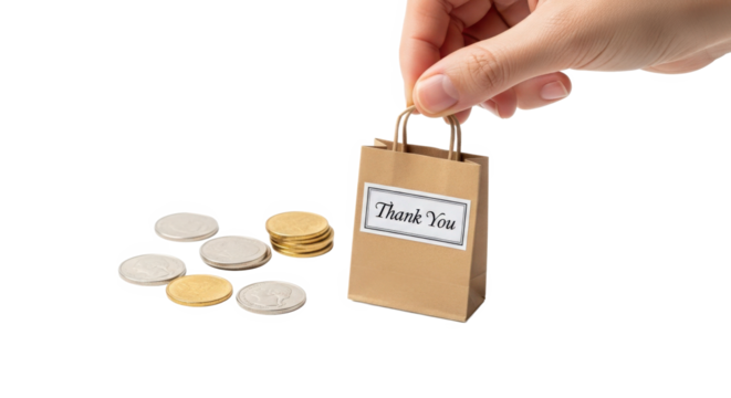 Tiny Shopping Bag and Coins Symbolizing Small Business Savings and Investment Growth Opportunities